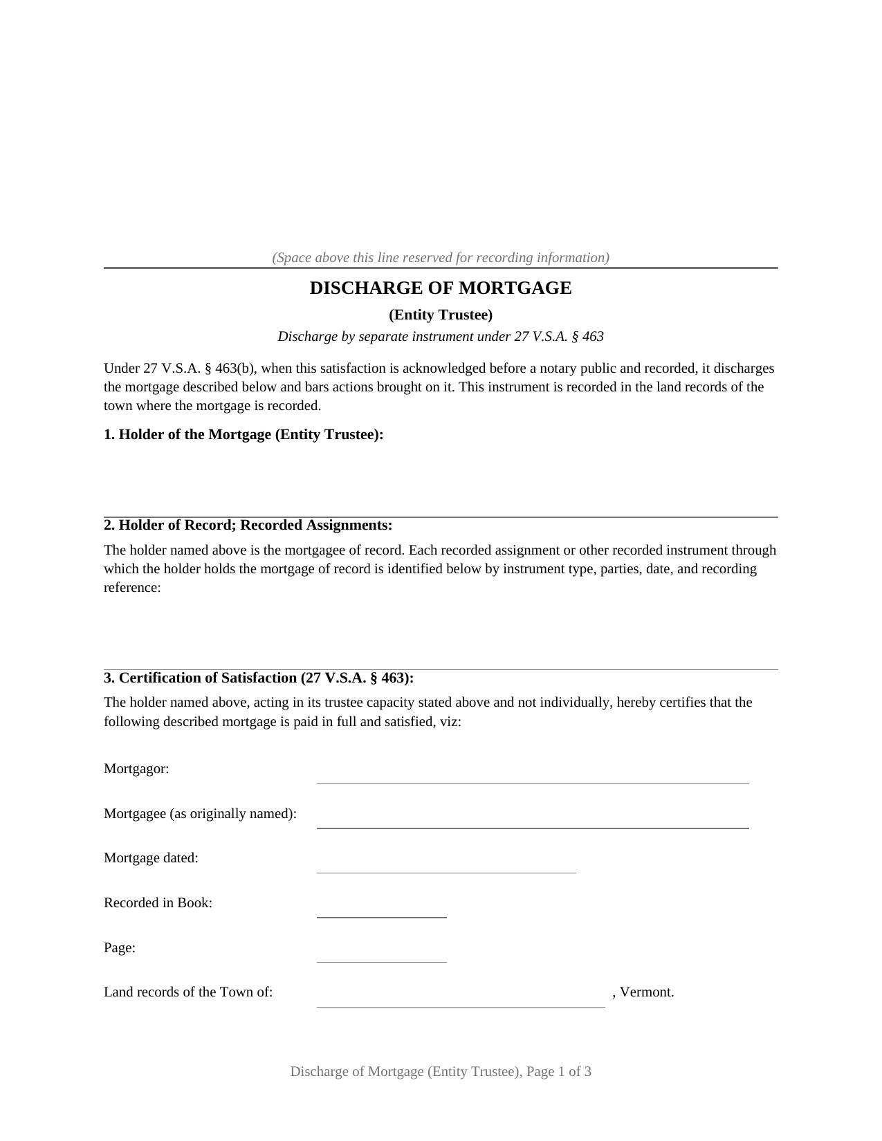 Vermont Discharge of Mortgage (Entity Trustee)