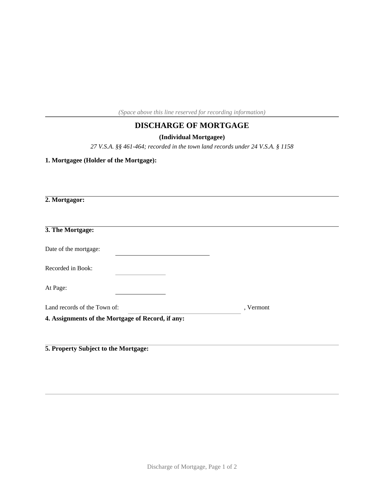 Vermont Discharge of Mortgage (Individual)