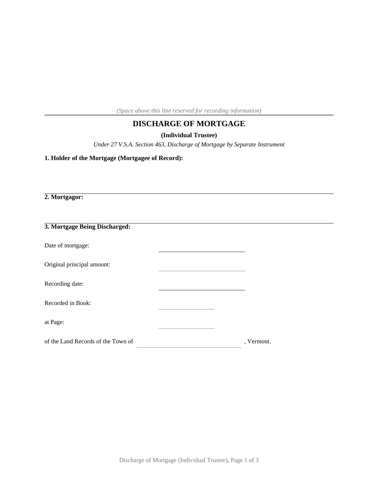 Vermont Discharge of Mortgage (Individual Trustee)