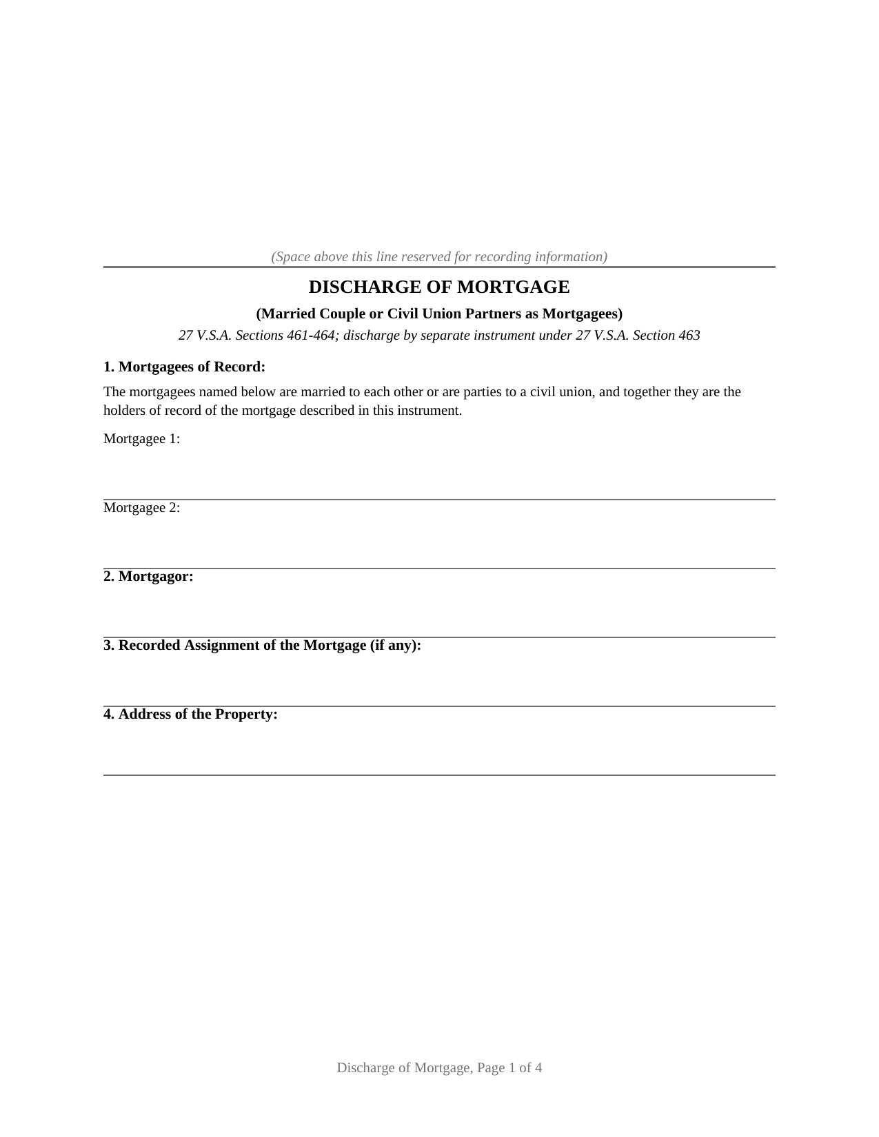 Vermont Discharge of Mortgage (Married Couple or Civil Union Partners)