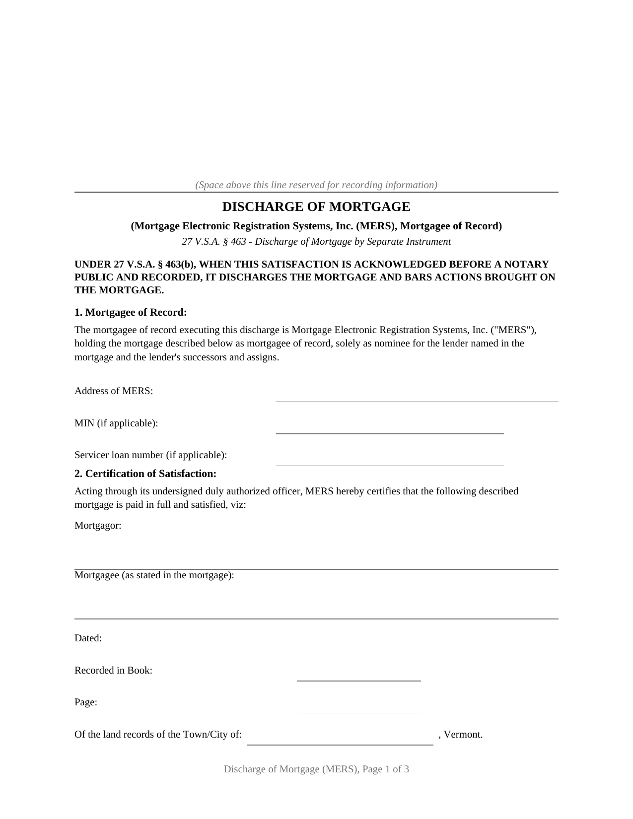 Vermont Discharge of Mortgage (MERS)