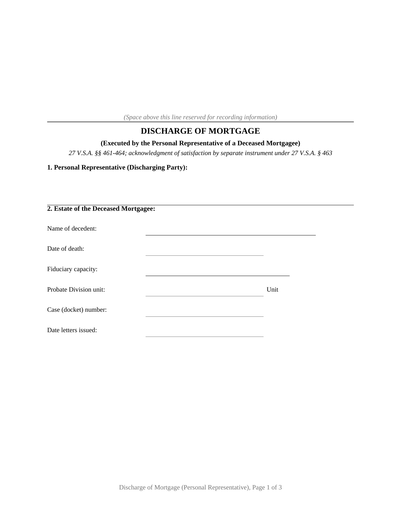 Vermont Discharge of Mortgage (Personal Representative)
