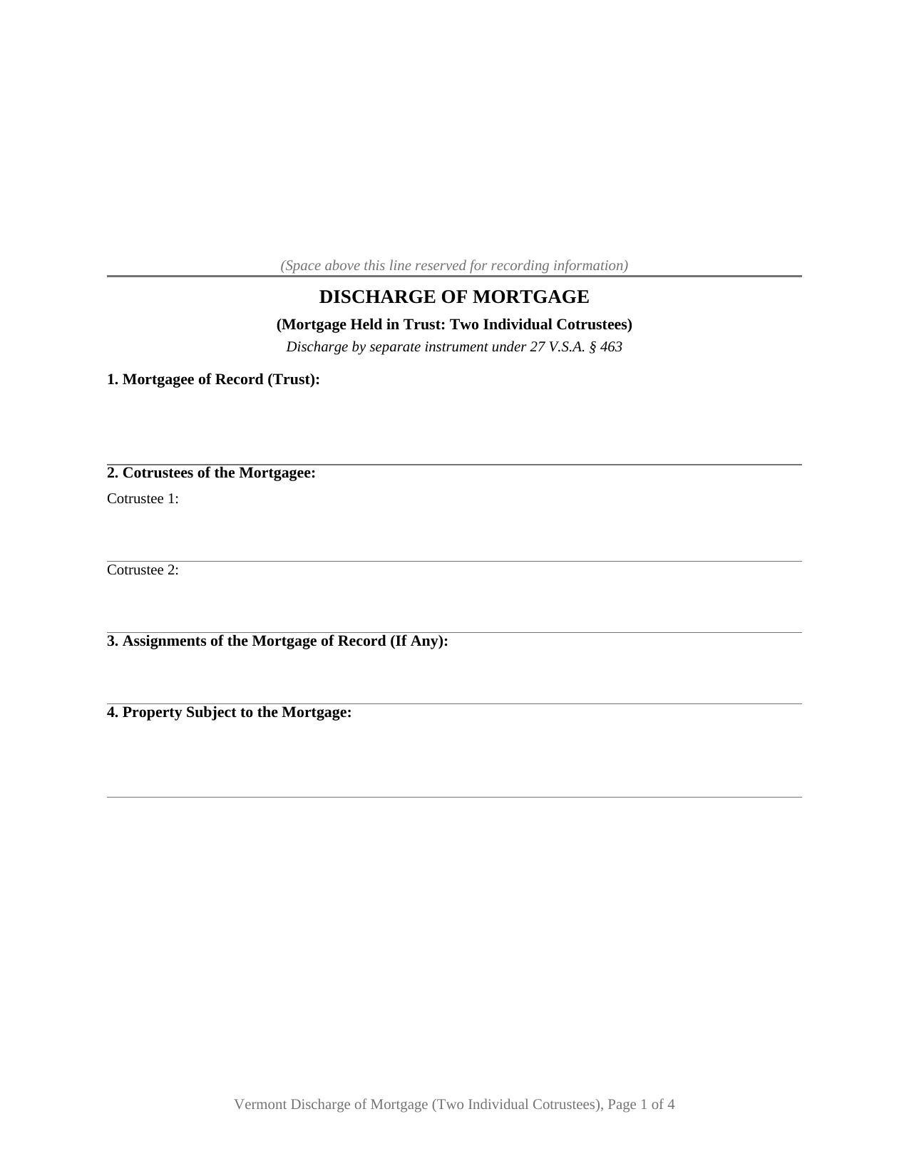 Vermont Discharge of Mortgage (Two Individual Cotrustees)