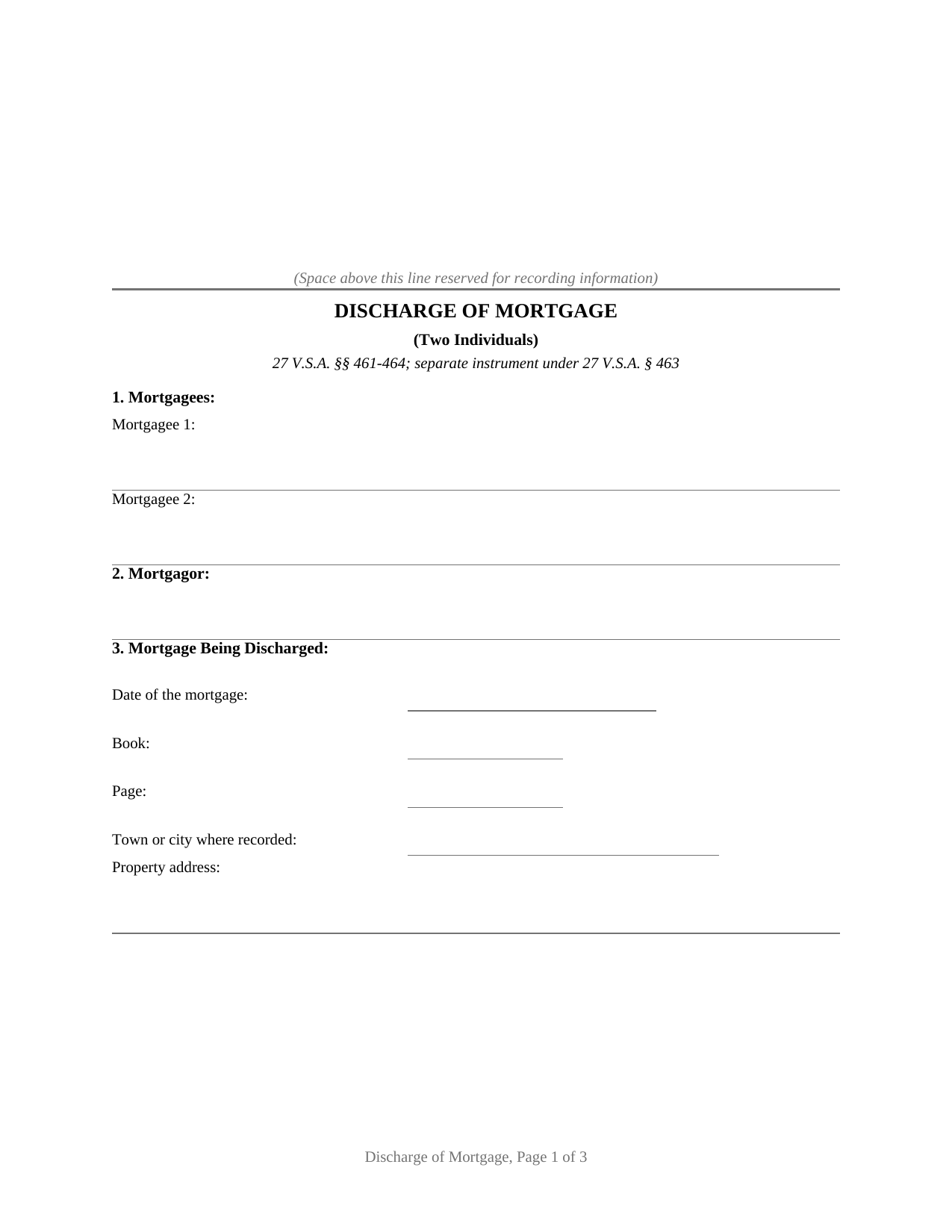 Vermont Discharge of Mortgage (Two Individuals)