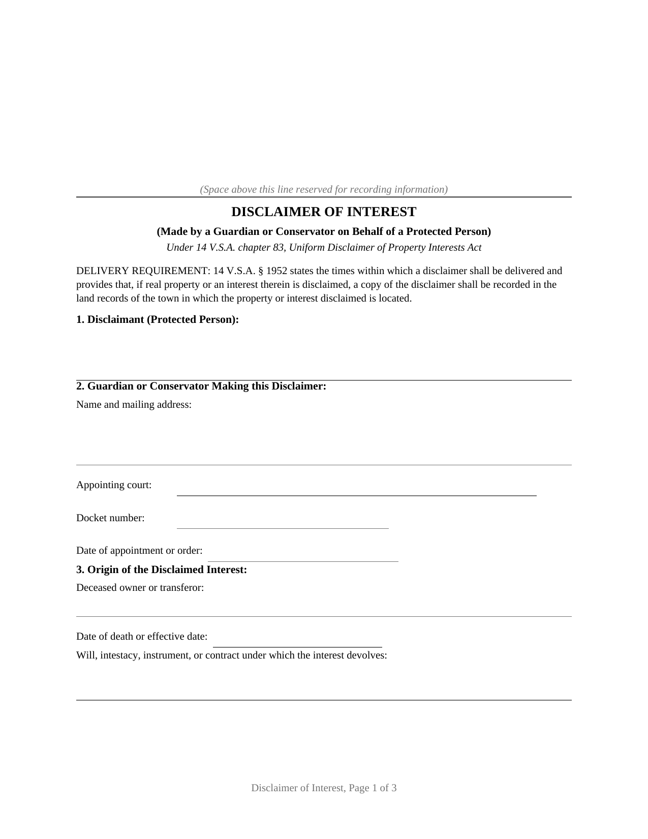 Vermont Disclaimer of Interest (Guardian or Conservator)