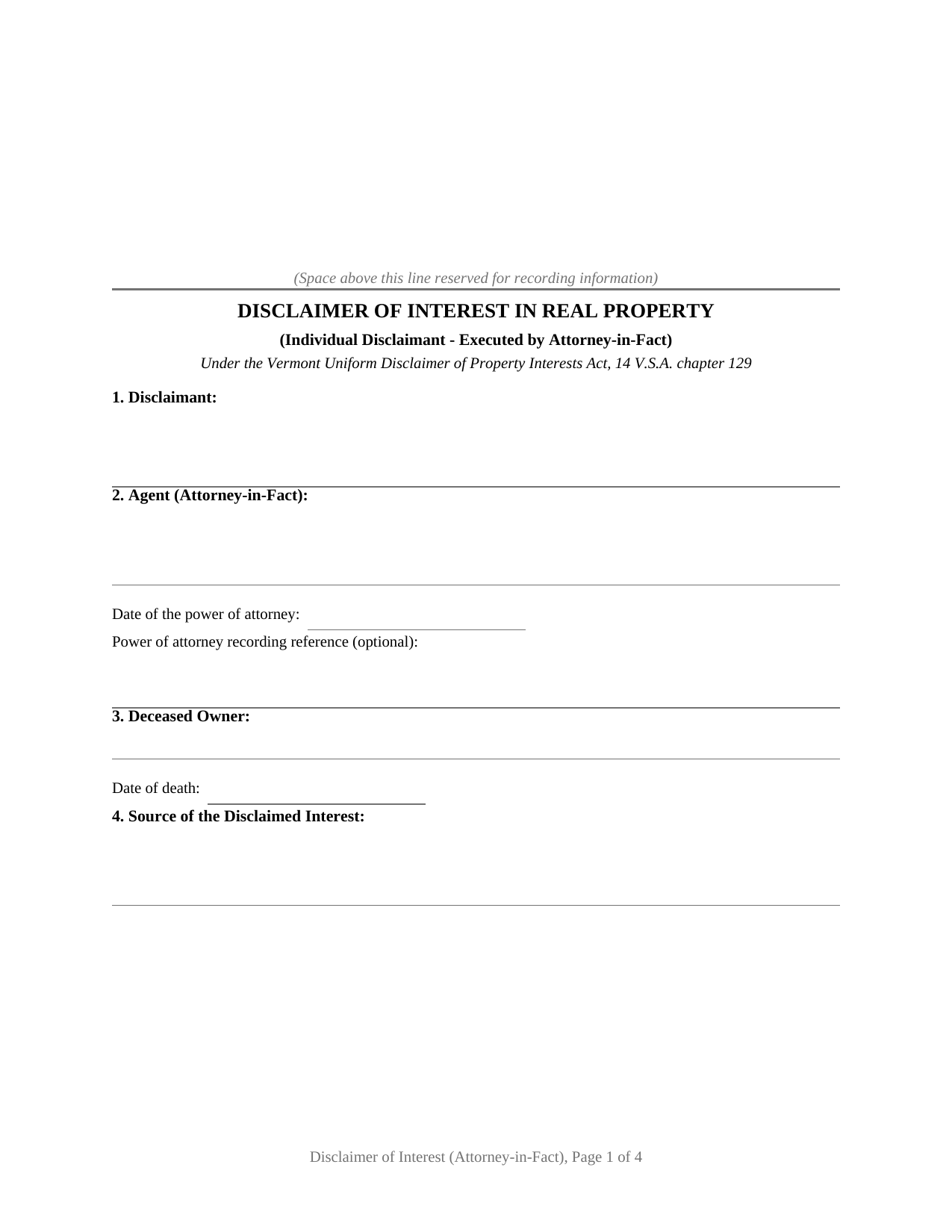 Vermont Disclaimer of Interest (Individual - Executed by Attorney-in-Fact)