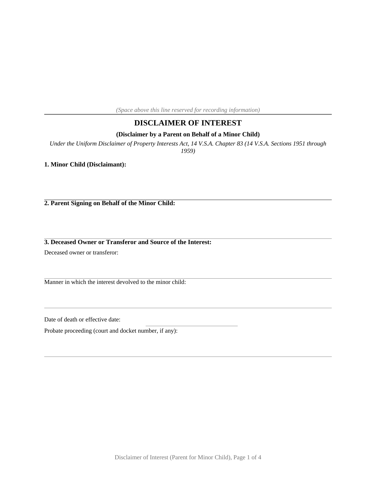 Vermont Disclaimer of Interest (Parent for Minor Child)