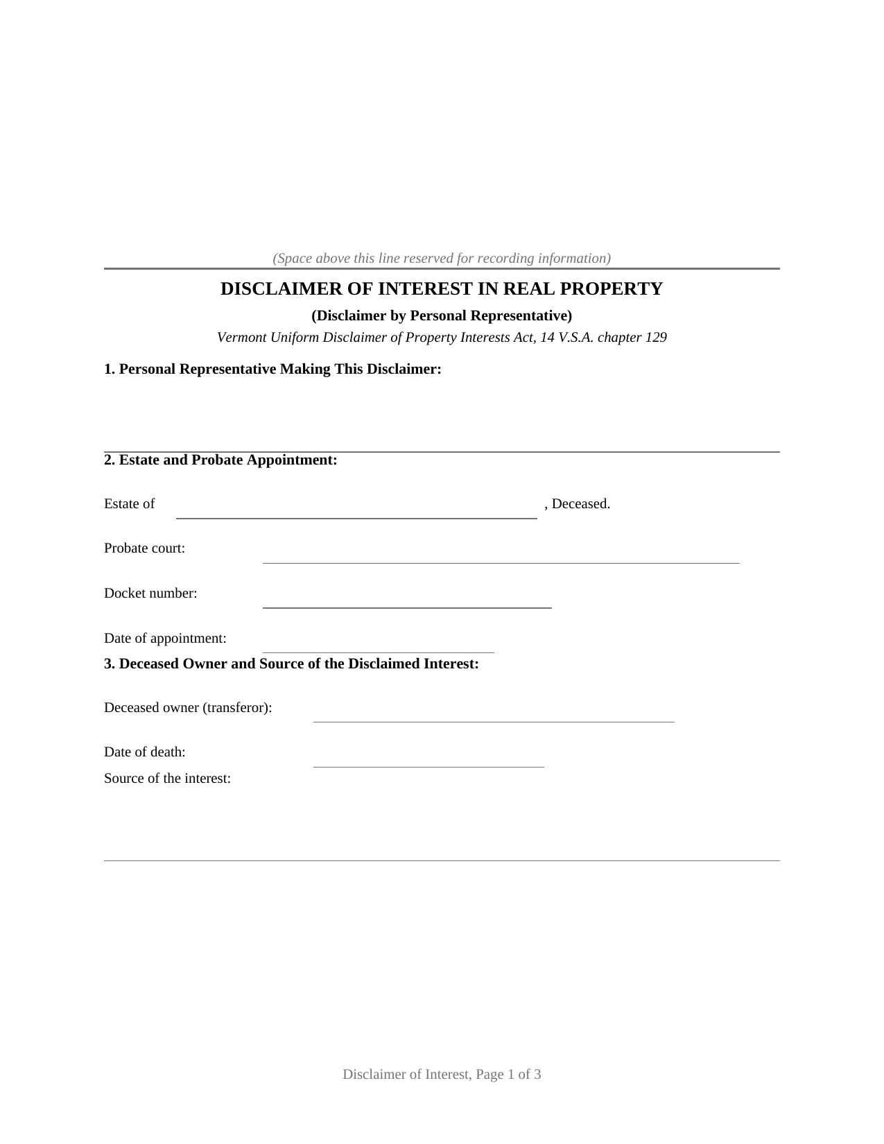 Vermont Disclaimer of Interest (Personal Representative)
