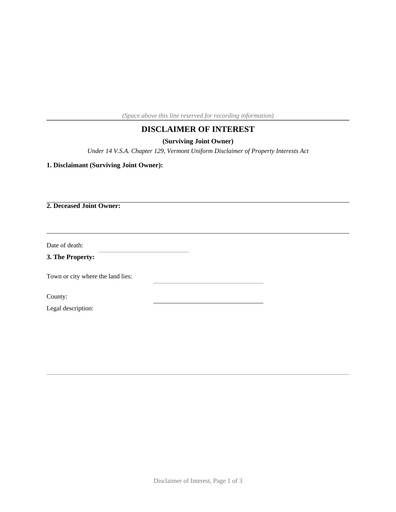Vermont Disclaimer of Interest (Surviving Joint Owner)
