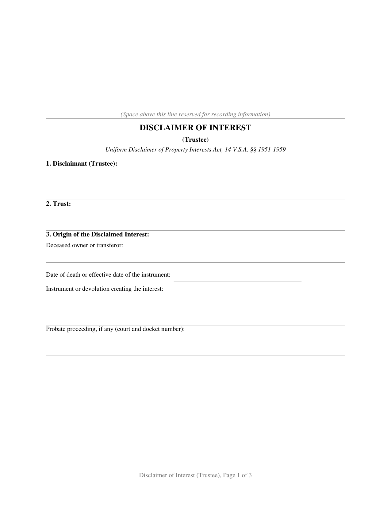 Vermont Disclaimer of Interest (Trustee)