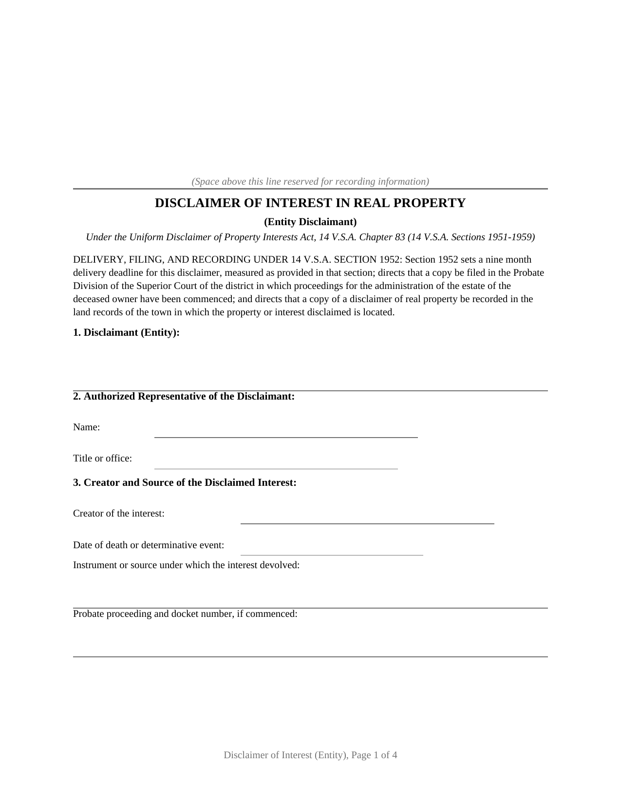 Vermont Disclaimer of Interest (Entity)