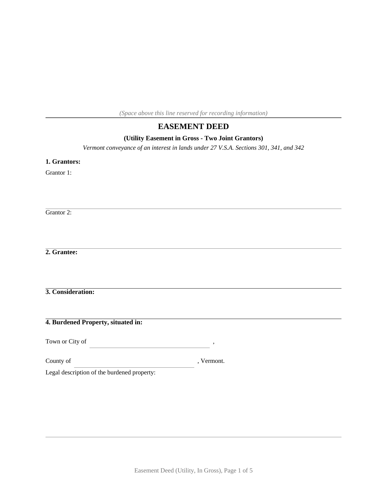 Vermont Easement Deed (Utility, In Gross, Joint Grantors)