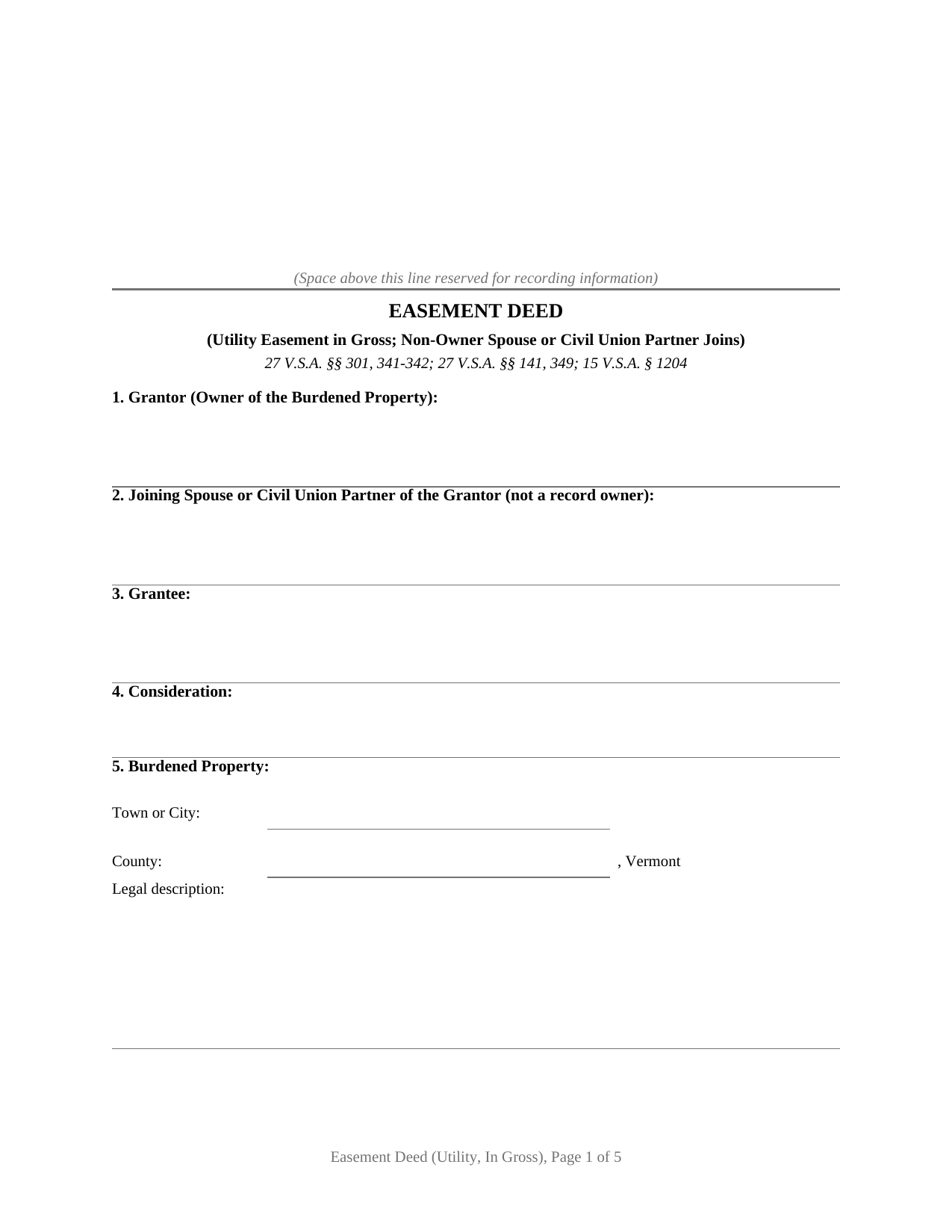 Vermont Easement Deed (Utility, In Gross, Non-Owner Spouse or Civil Union Partner Joins)