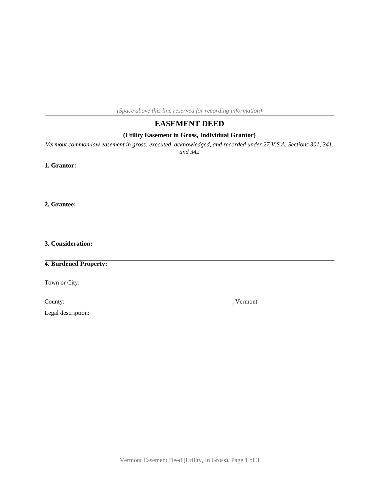 Vermont Easement Deed (Utility - In Gross - Individual Grantor)
