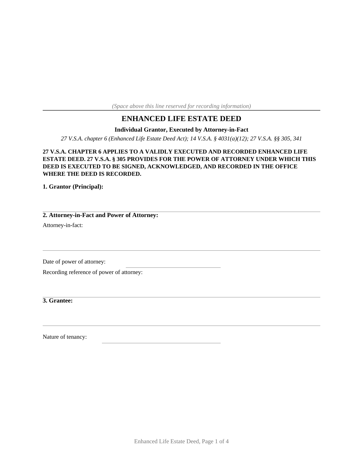 Vermont Enhanced Life Estate Deed (Individual, Executed by Attorney-in-Fact)