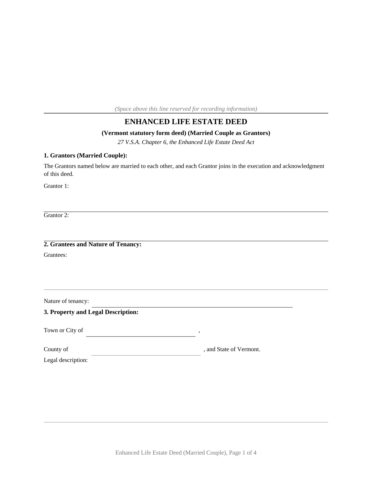 Vermont Enhanced Life Estate Deed (Married Couple as Grantors)