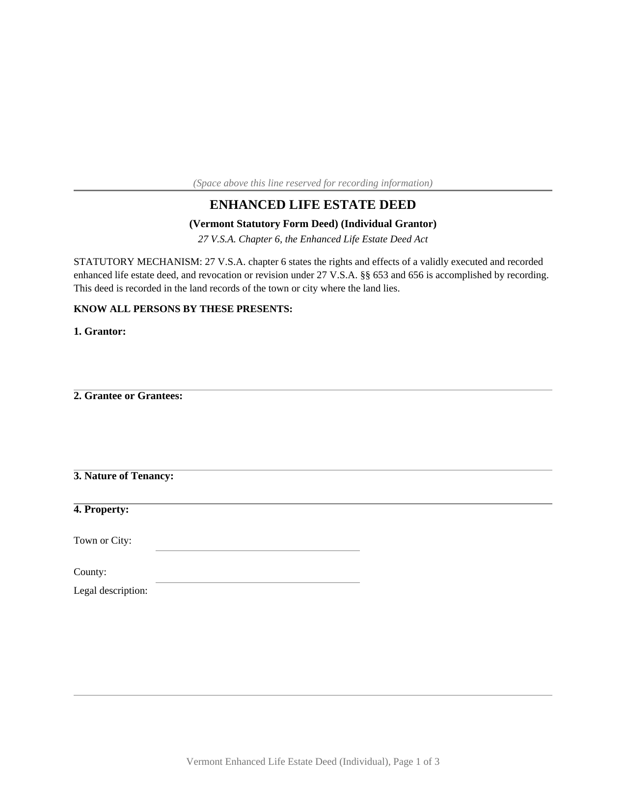Vermont Enhanced Life Estate Deed (Individual)