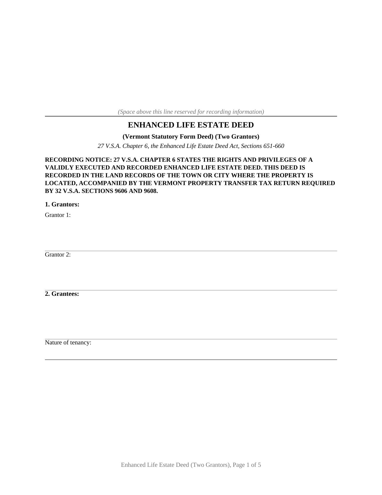 Vermont Enhanced Life Estate Deed (Two Grantors)