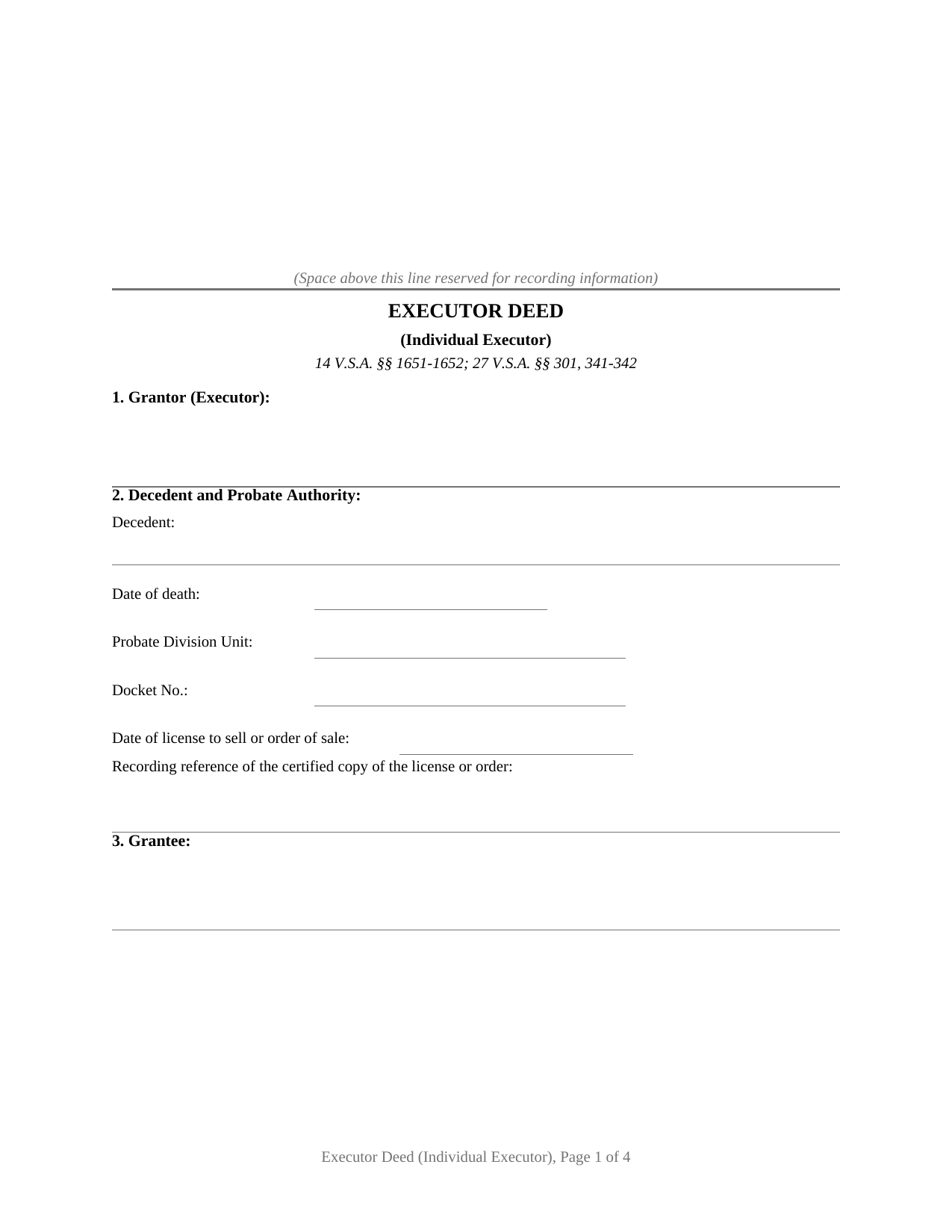 Vermont Executor Deed (Individual Executor)
