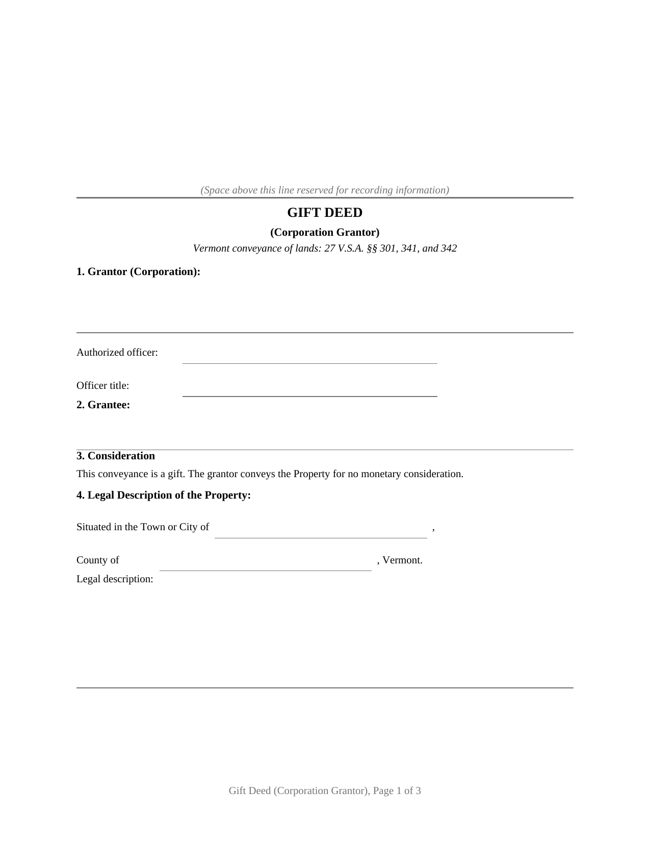 Vermont Gift Deed (Corporation Grantor)
