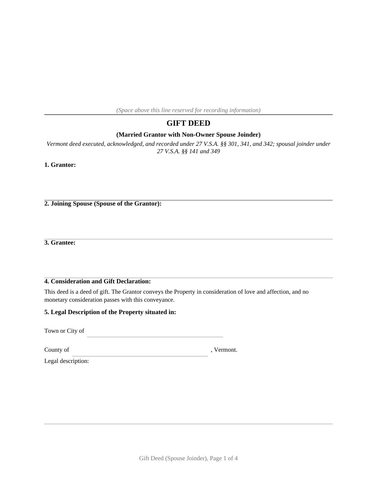 Vermont Gift Deed (Married Grantor with Non-Owner Spouse Joinder)