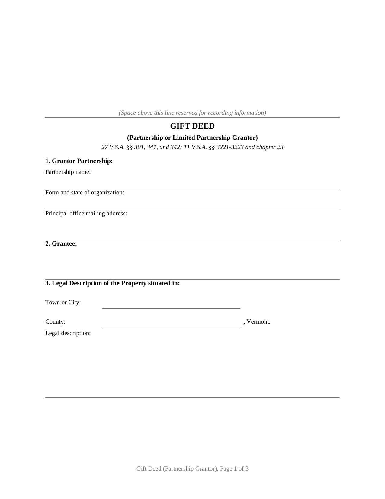 Vermont Gift Deed (Partnership or Limited Partnership Grantor)