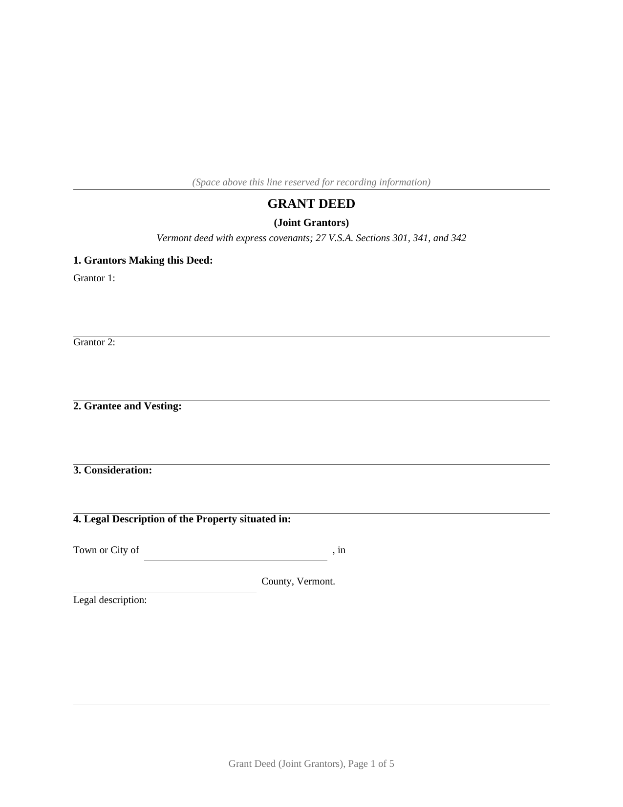 Vermont Grant Deed (Joint Grantors)