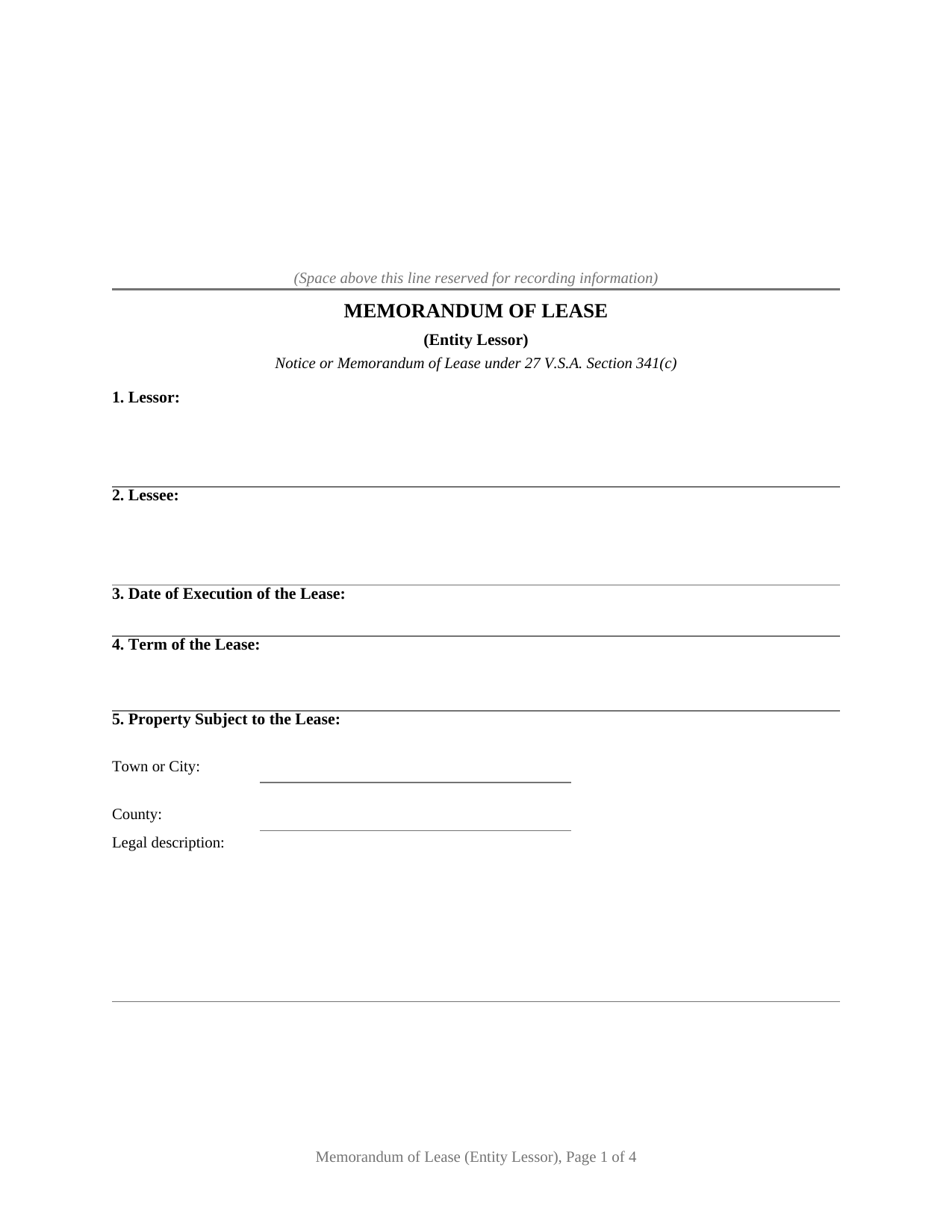 Vermont Memorandum of Lease (Entity Lessor)