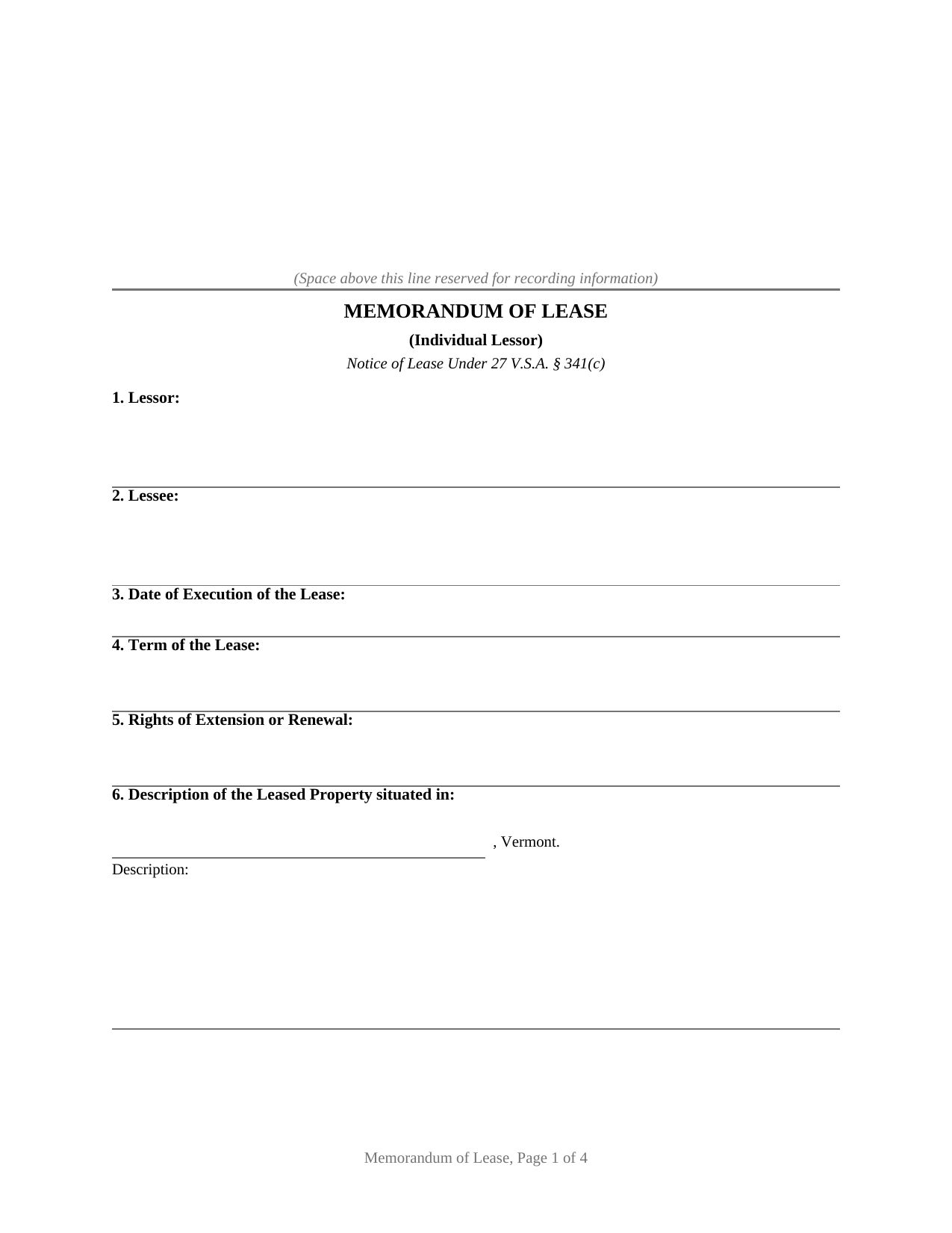 Vermont Memorandum of Lease (Individual Lessor)