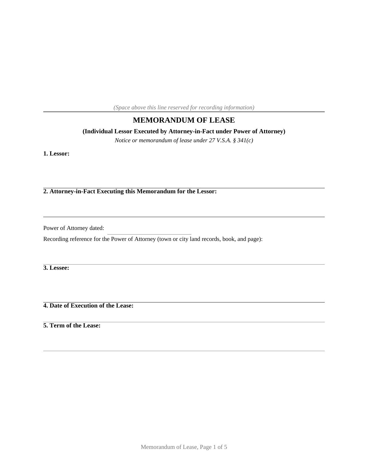 Vermont Memorandum of Lease (Individual Lessor by Attorney-in-Fact)