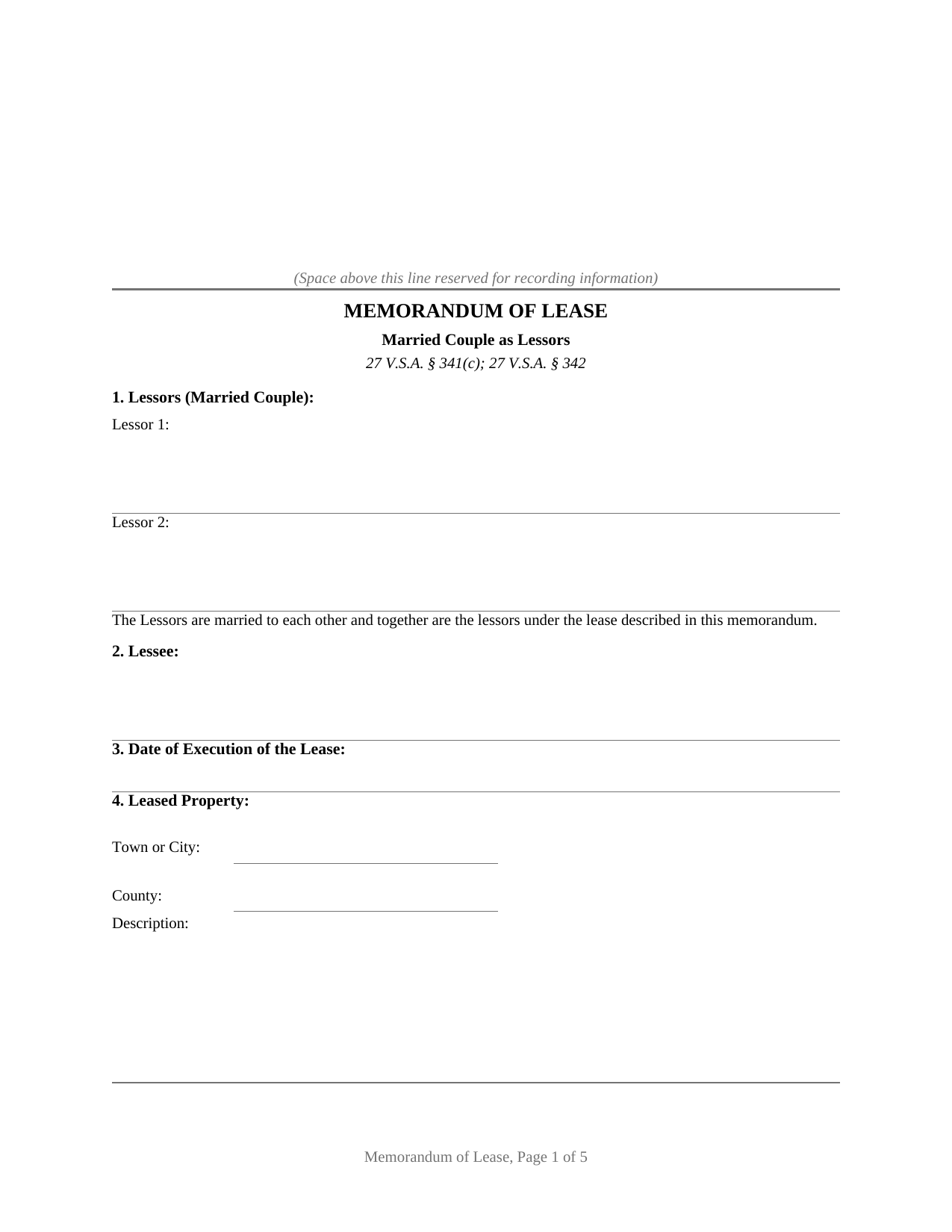 Vermont Memorandum of Lease (Married Couple as Lessors)