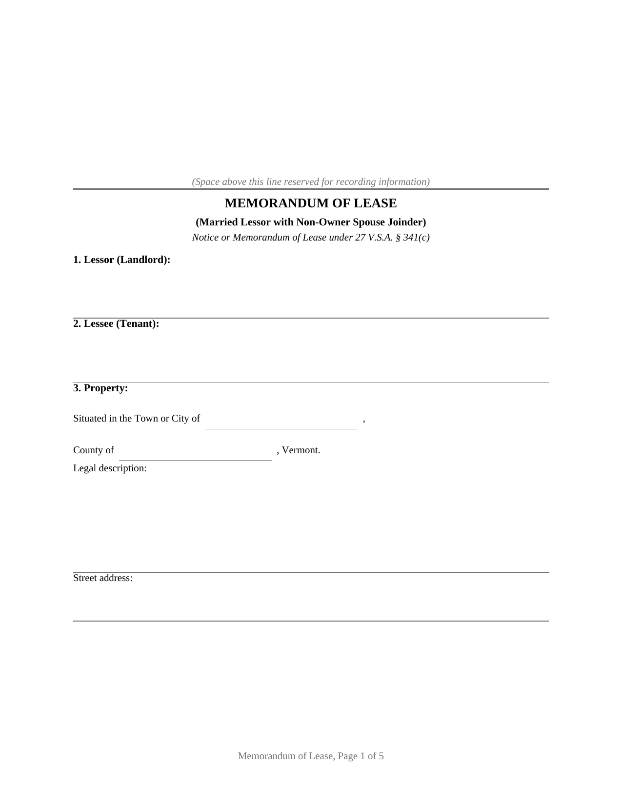 Vermont Memorandum of Lease (Married Lessor with Non-Owner Spouse Joinder)