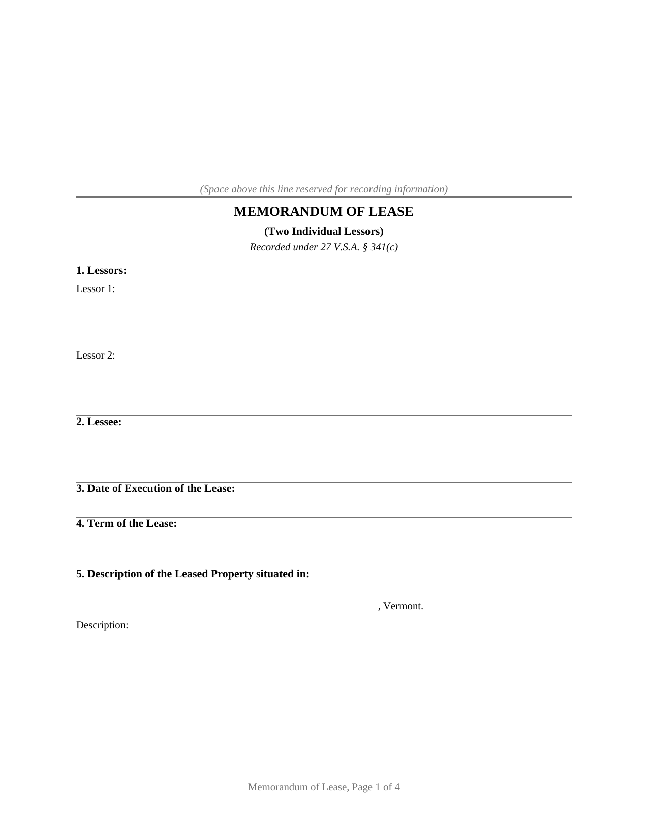 Vermont Memorandum of Lease (Two Individual Lessors)