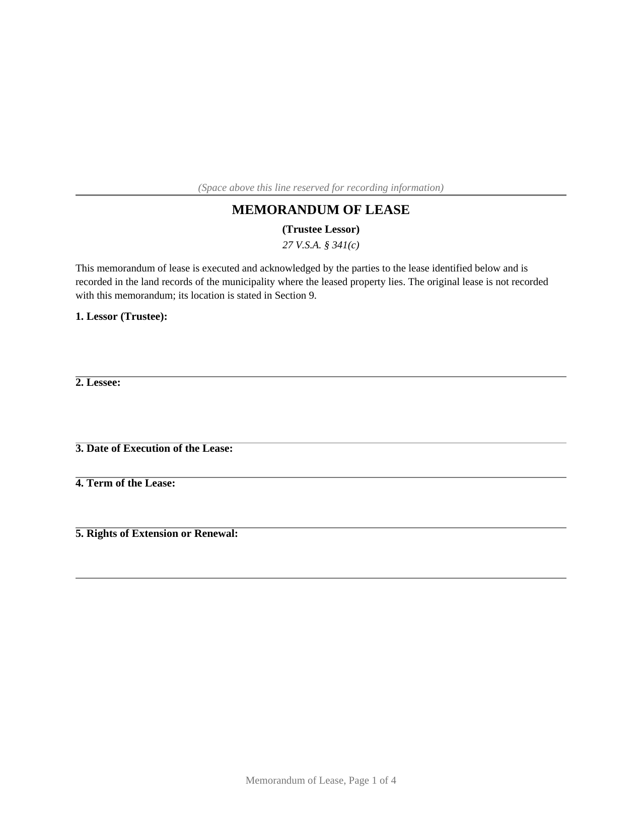 Vermont Memorandum of Lease (Trustee Lessor)