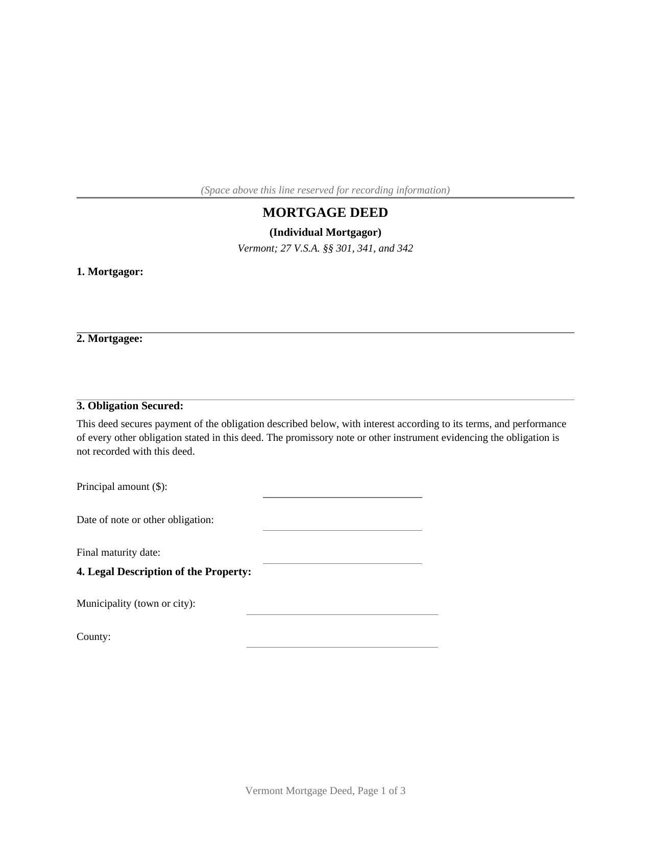 Vermont Mortgage Deed (Individual)