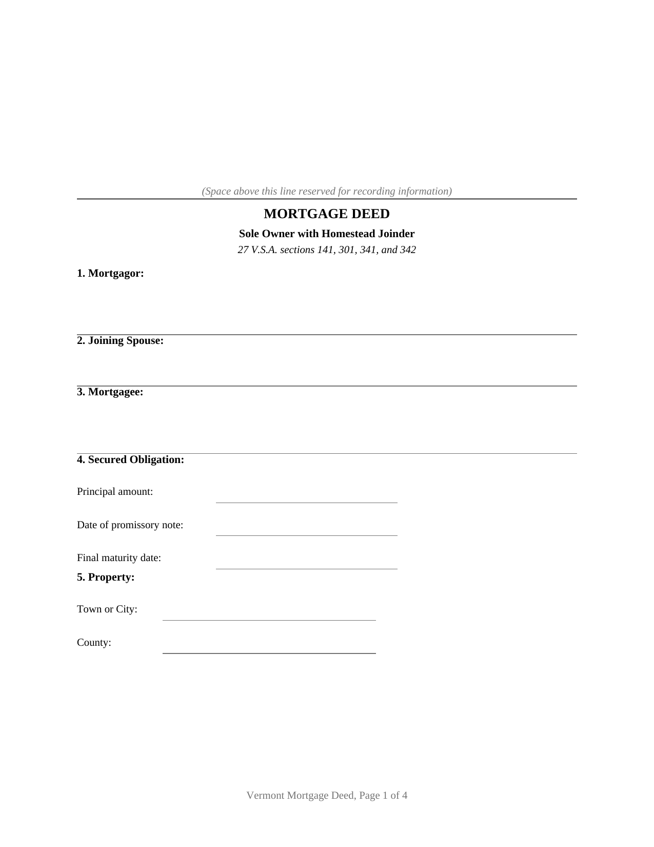 Vermont Mortgage Deed (Sole Owner with Homestead Joinder)