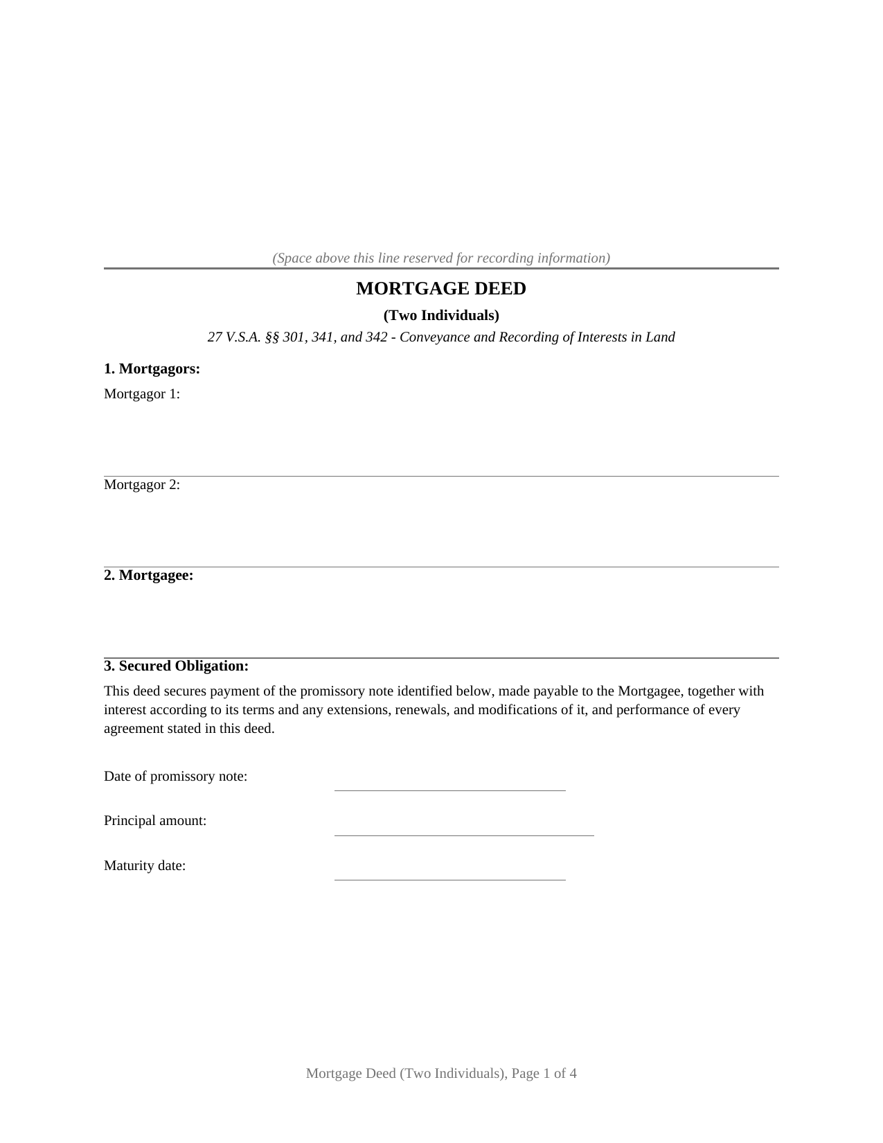 Vermont Mortgage Deed (Two Individuals)