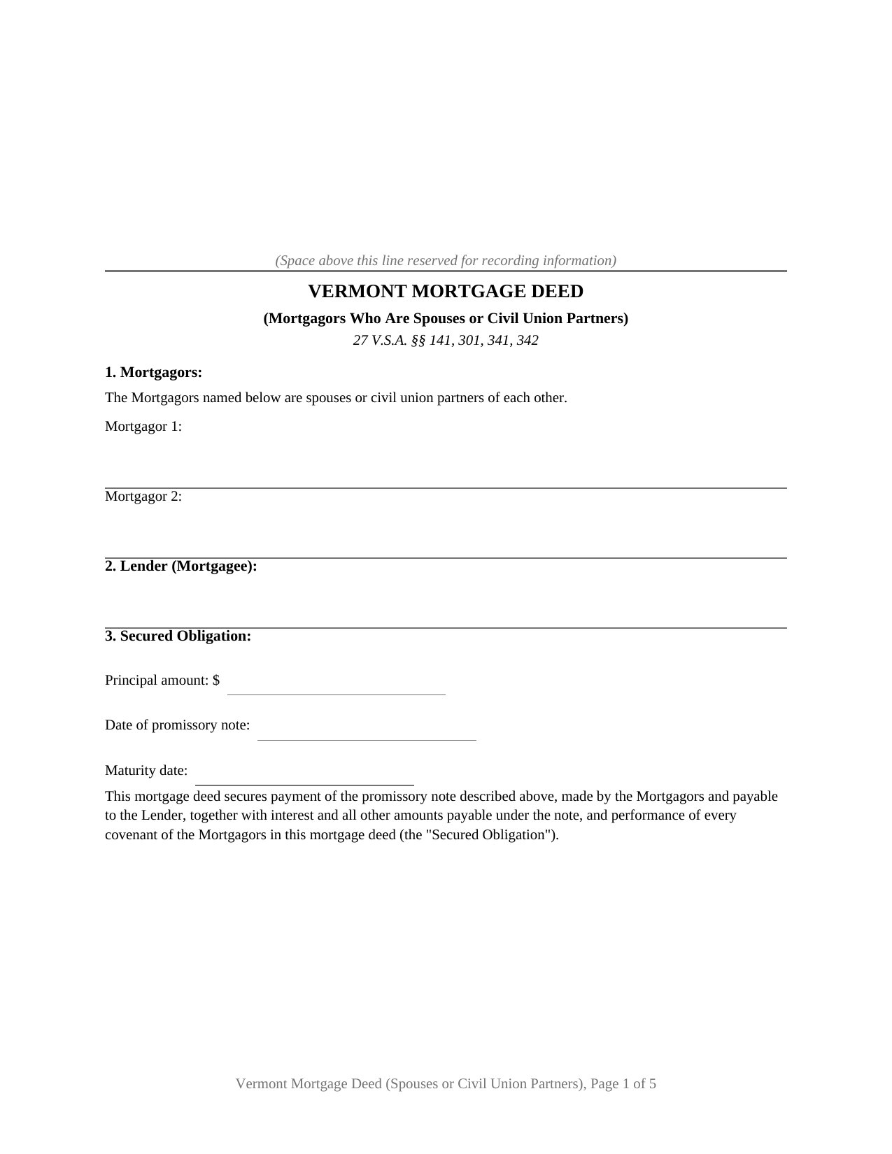 Vermont Mortgage Deed (Spouses or Civil Union Partners)
