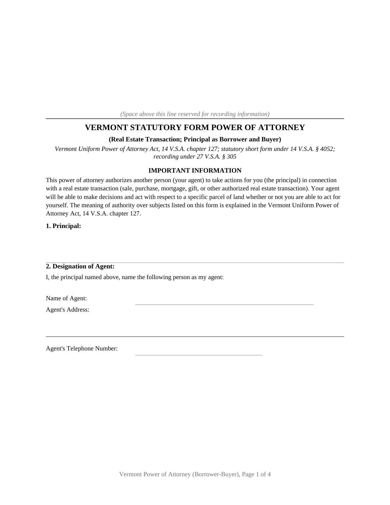 Vermont Power of Attorney (Borrower-Buyer)