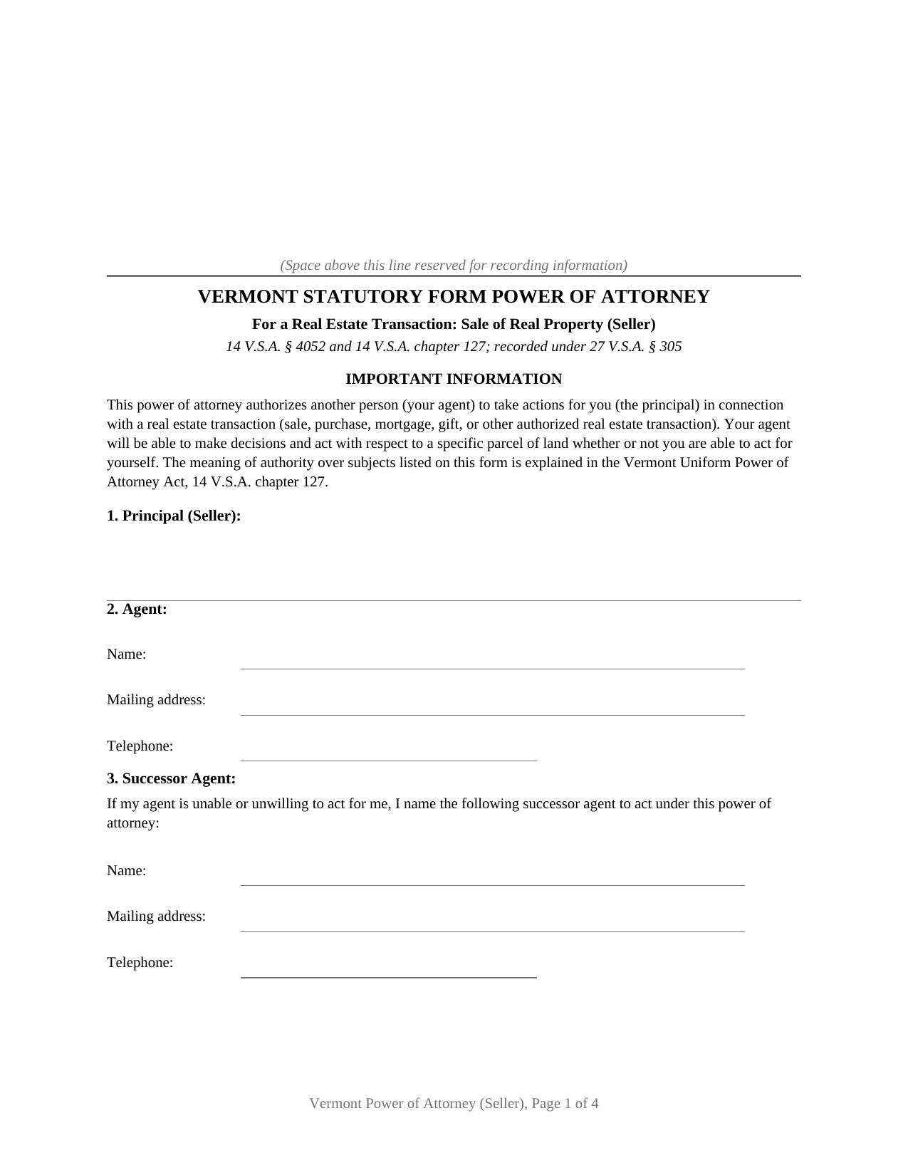 Vermont Power of Attorney (Seller)
