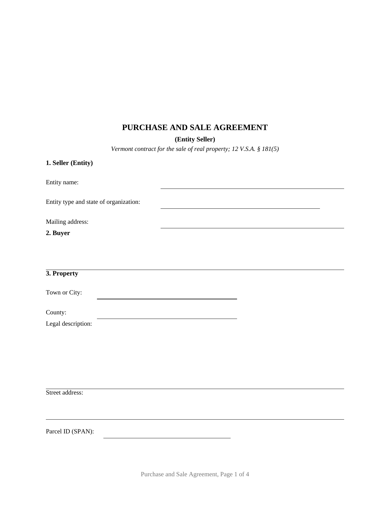 Vermont Purchase and Sale Agreement (Entity Seller)
