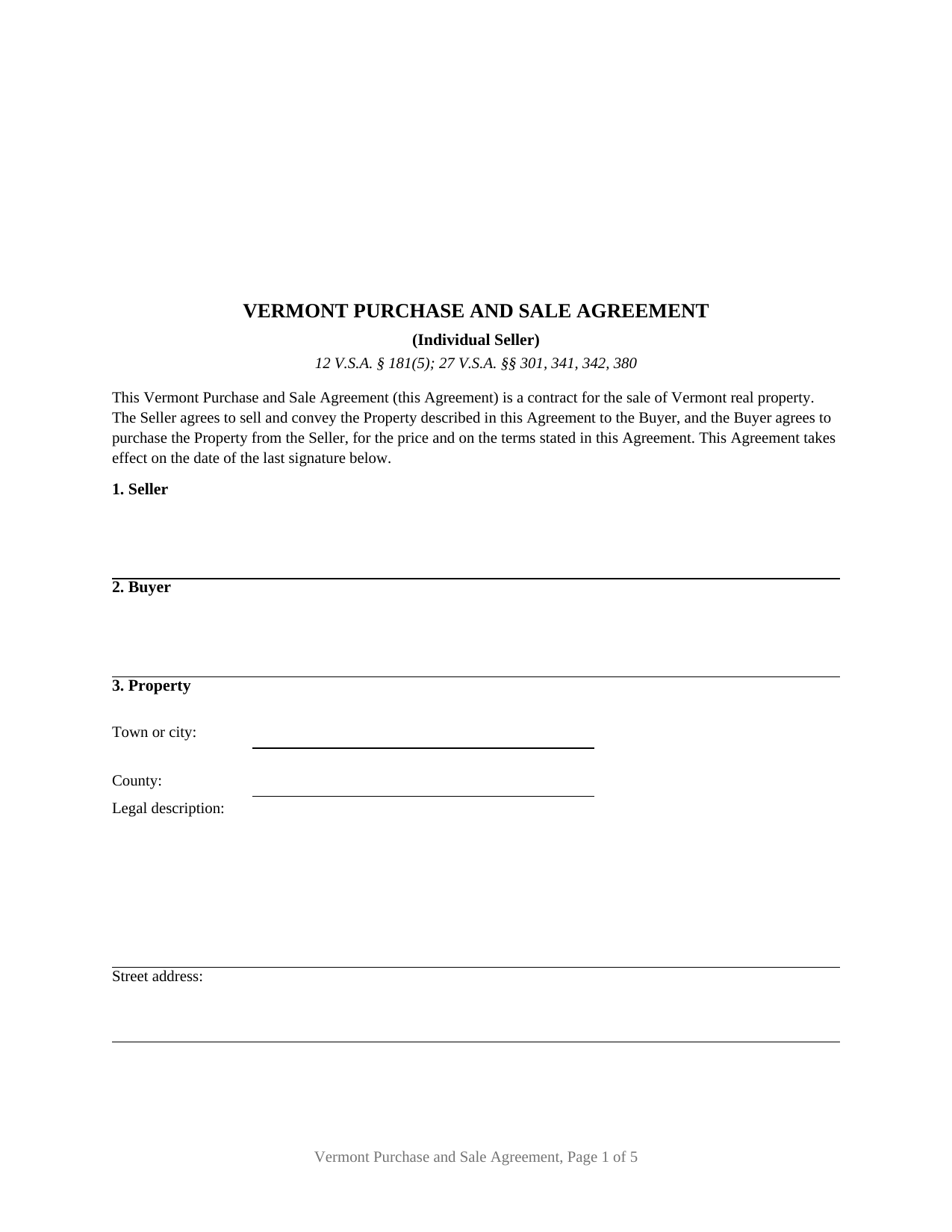 Vermont Purchase and Sale Agreement (Individual Seller)