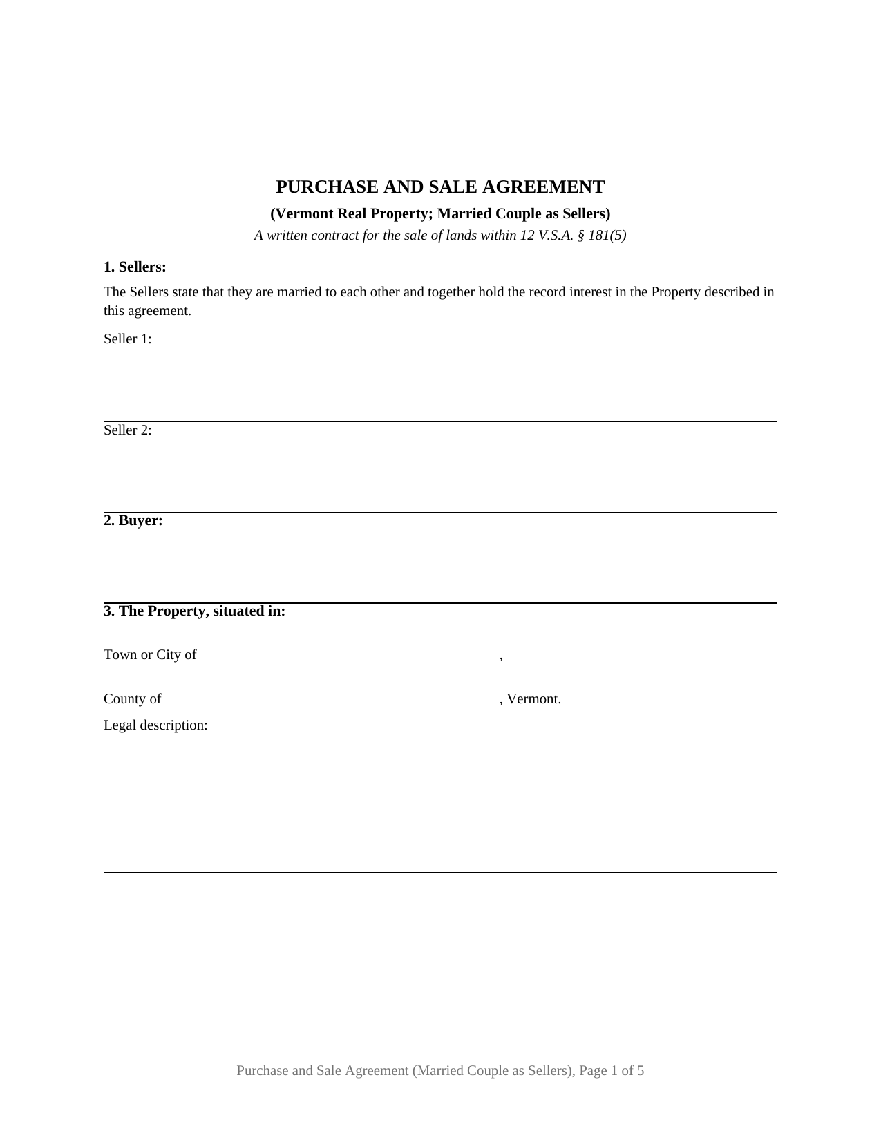Vermont Purchase and Sale Agreement (Married Couple as Sellers)