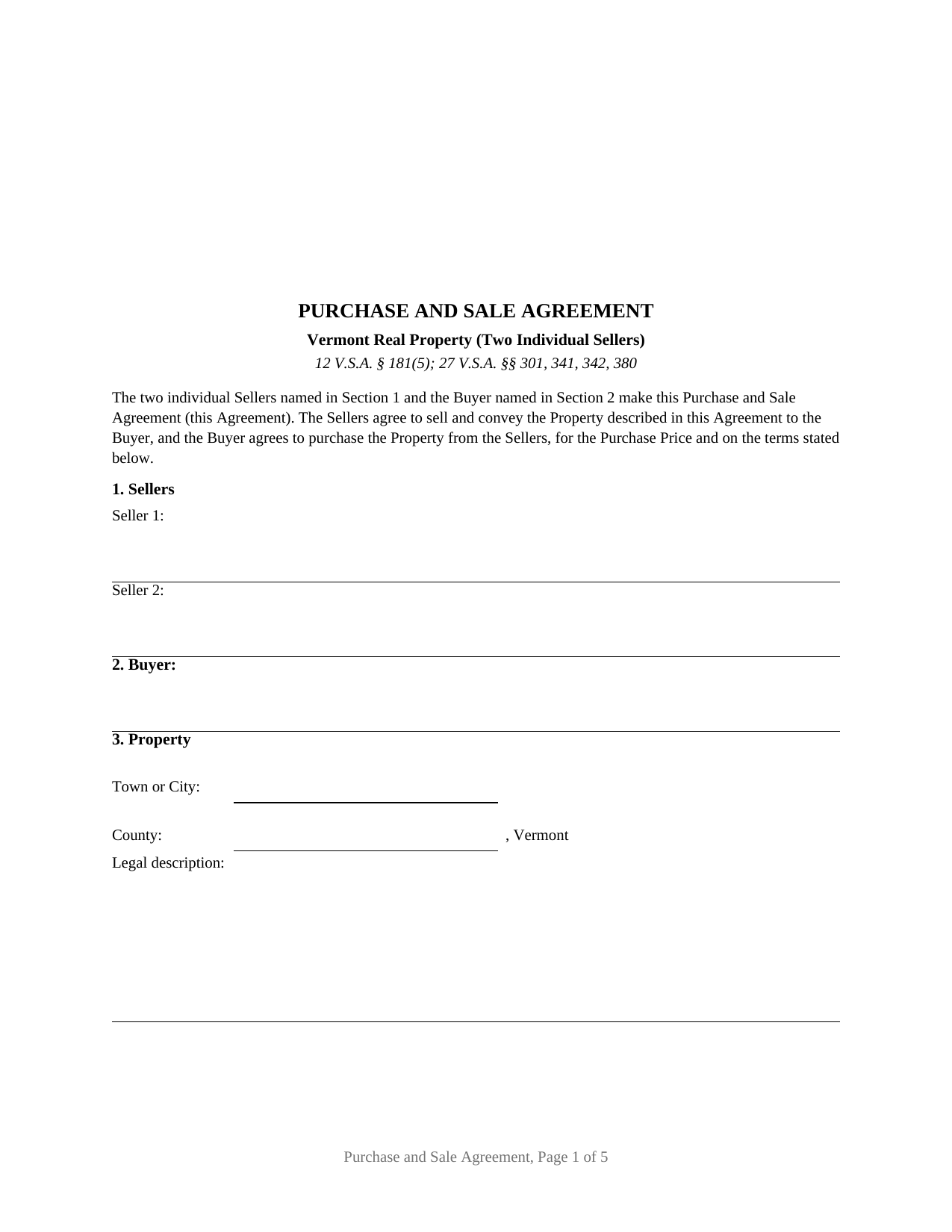 Vermont Purchase and Sale Agreement (Two Individual Sellers)