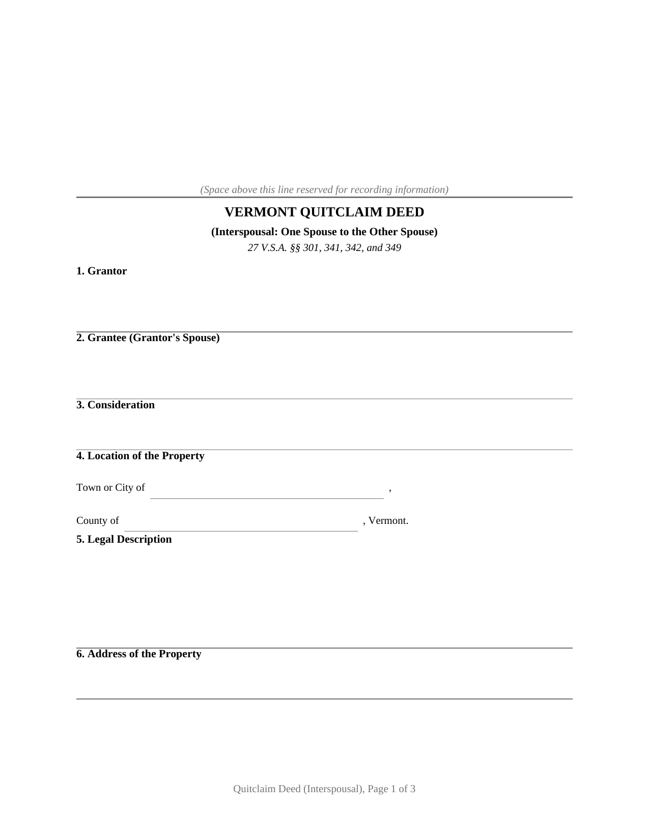 Vermont Quitclaim Deed (Interspousal)