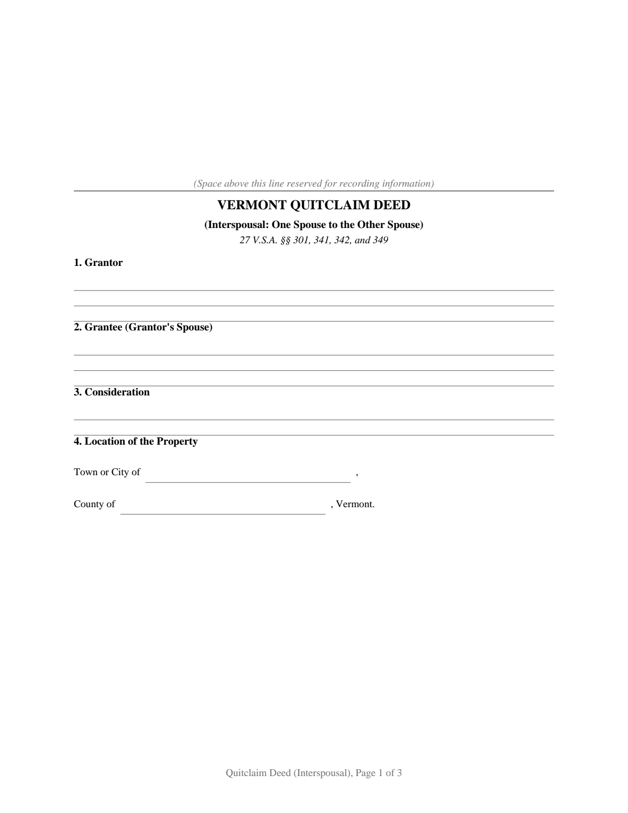 Vermont Quitclaim Deed (Interspousal)