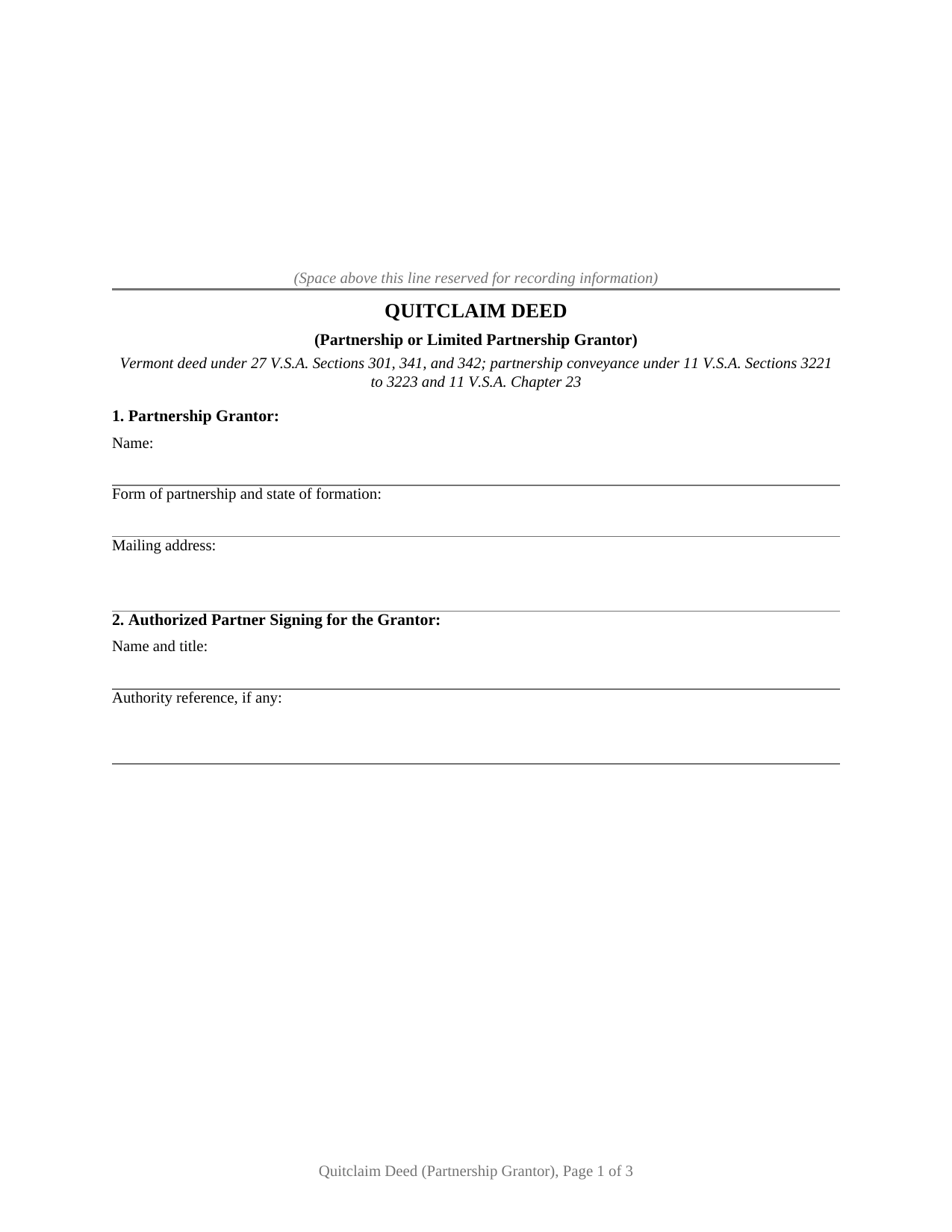 Vermont Quitclaim Deed (Partnership or Limited Partnership Grantor)