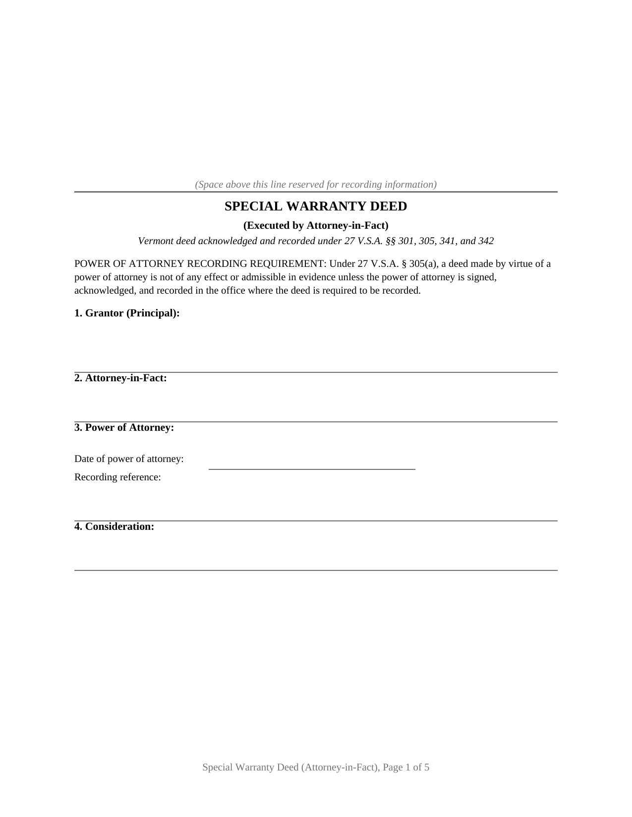 Vermont Special Warranty Deed (Executed by Attorney-in-Fact)