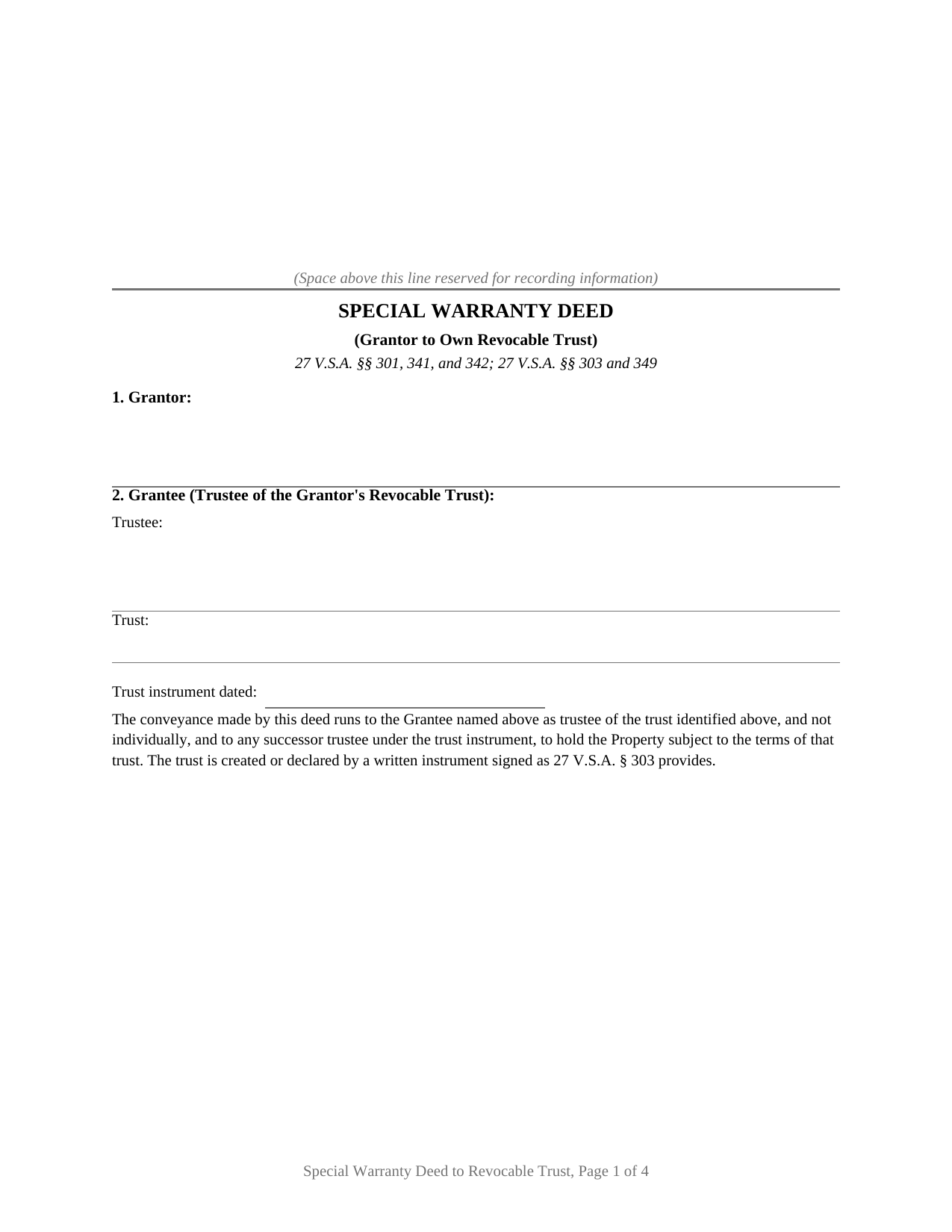 Vermont Special Warranty Deed (Grantor to Own Revocable Trust)