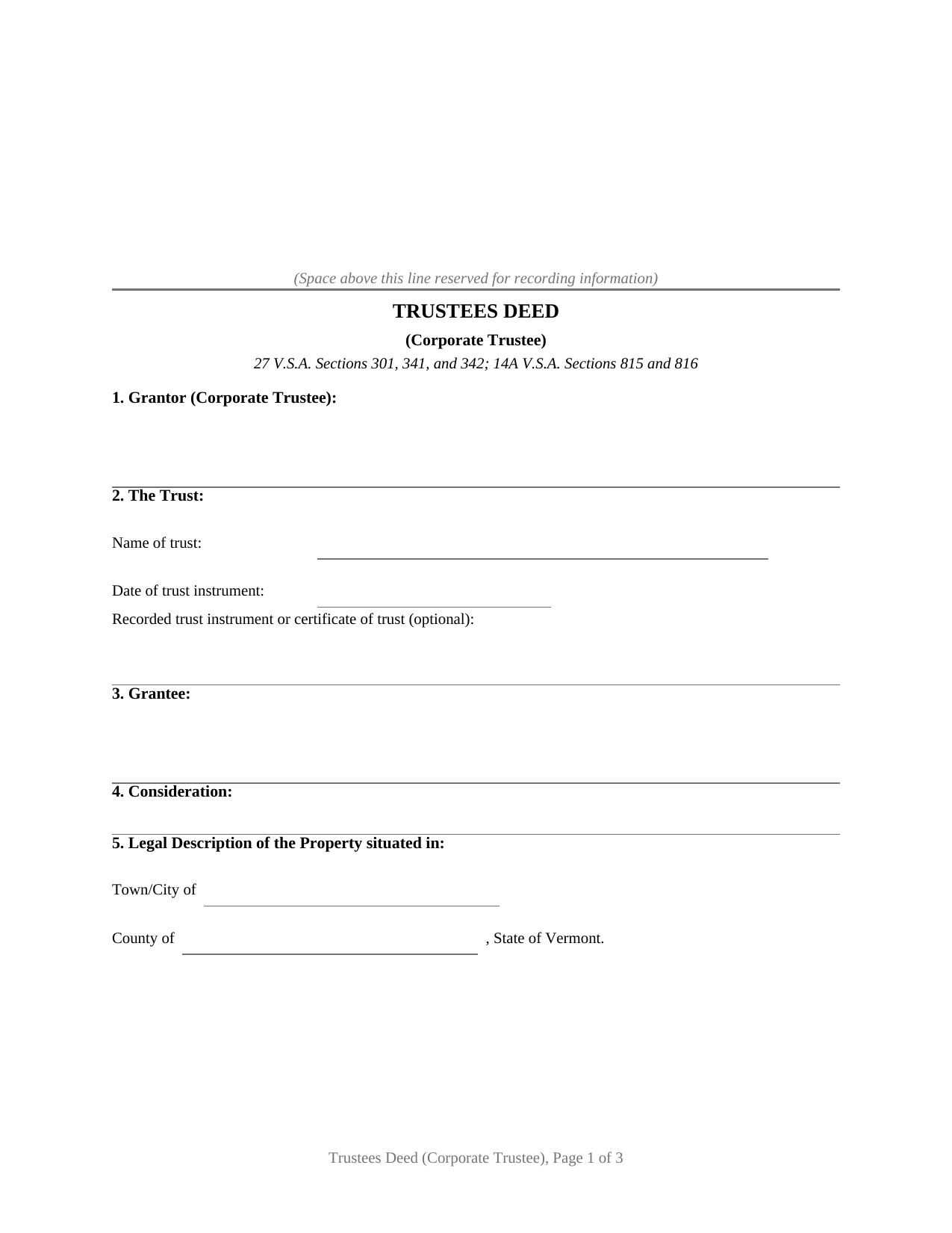 Vermont Trustees Deed (Corporate Trustee)